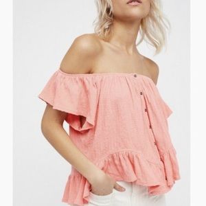 Free People Off-Shoulder Mint Julep Tee in Coral